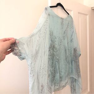 Pastel turquoise batwing sleeve silk oversized top by M, made in Italy